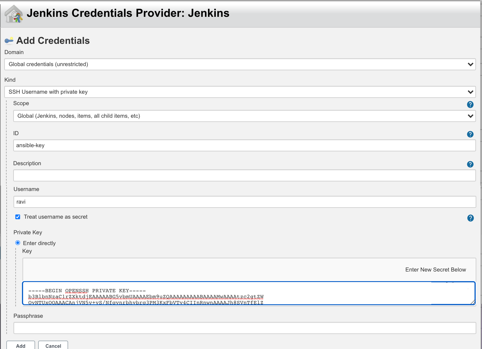 Jenkins add credential with username and private key