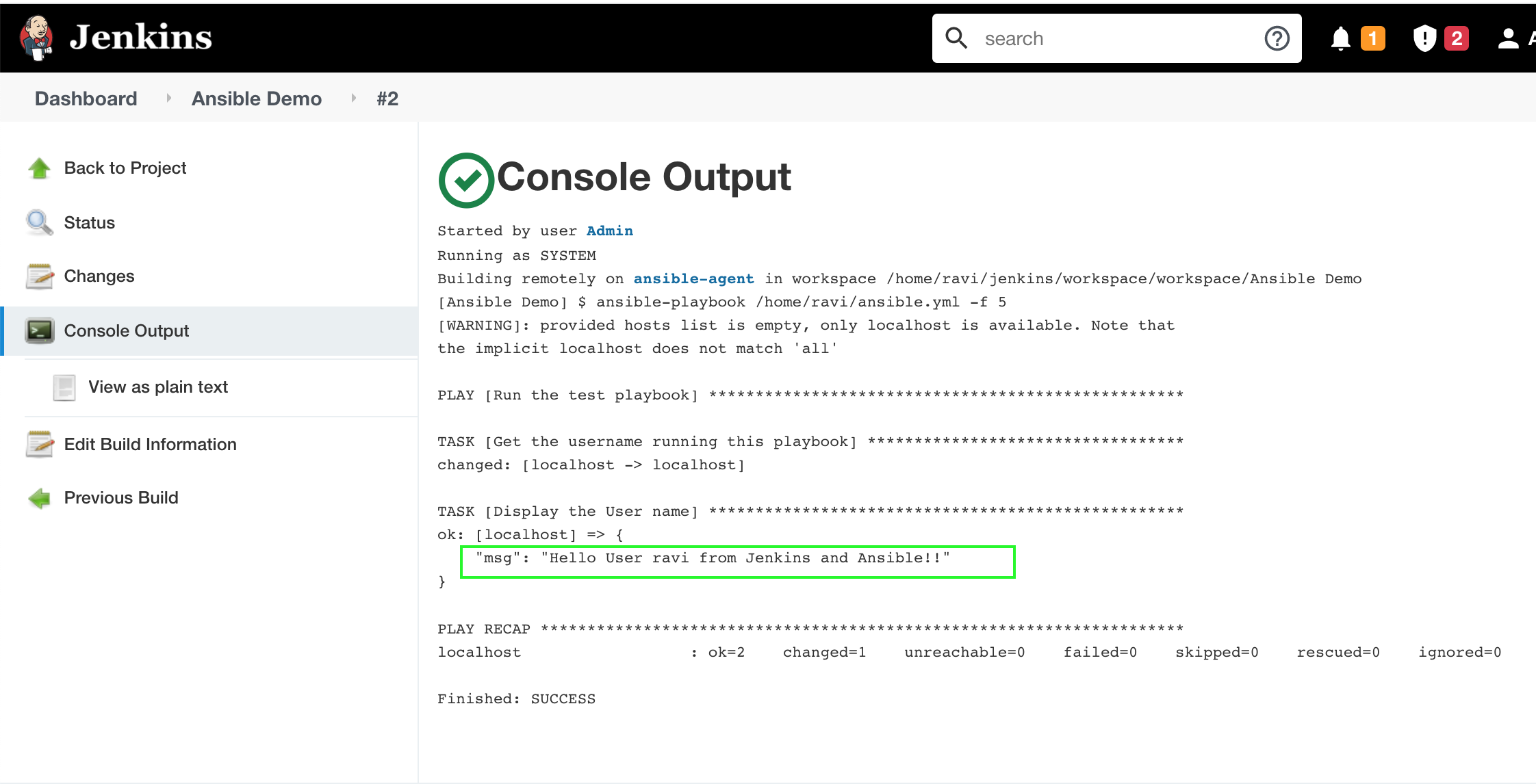 Jenkins Console Log to show successful Ansible playbook execution