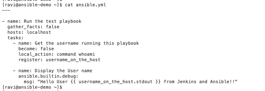 Create Ansible playbook to records current username and print it