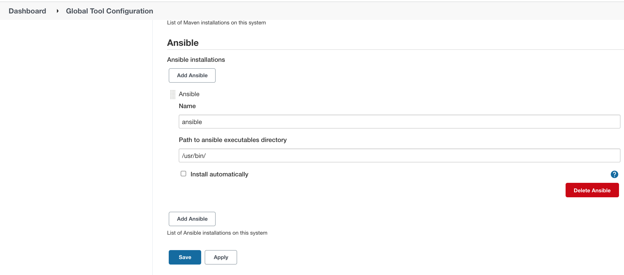 Add Ansible location in Jenkins Global Tool Configuration